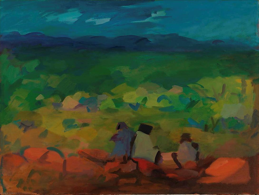 Artwork Northwest landscape with Aborigines this artwork made of Oil on canvas, created in 1955-01-01