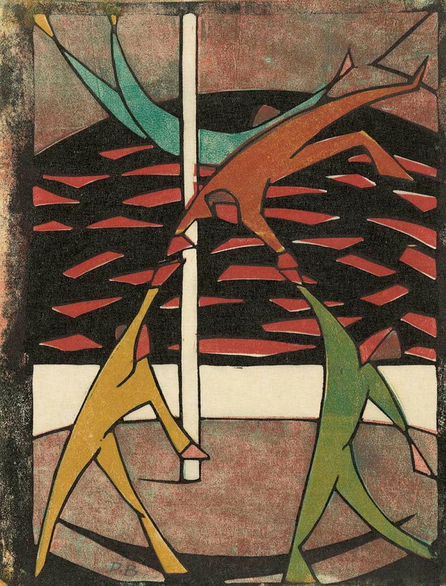 Artwork The Acrobats this artwork made of Colour linocut on thin cream paper, created in 1927-01-01