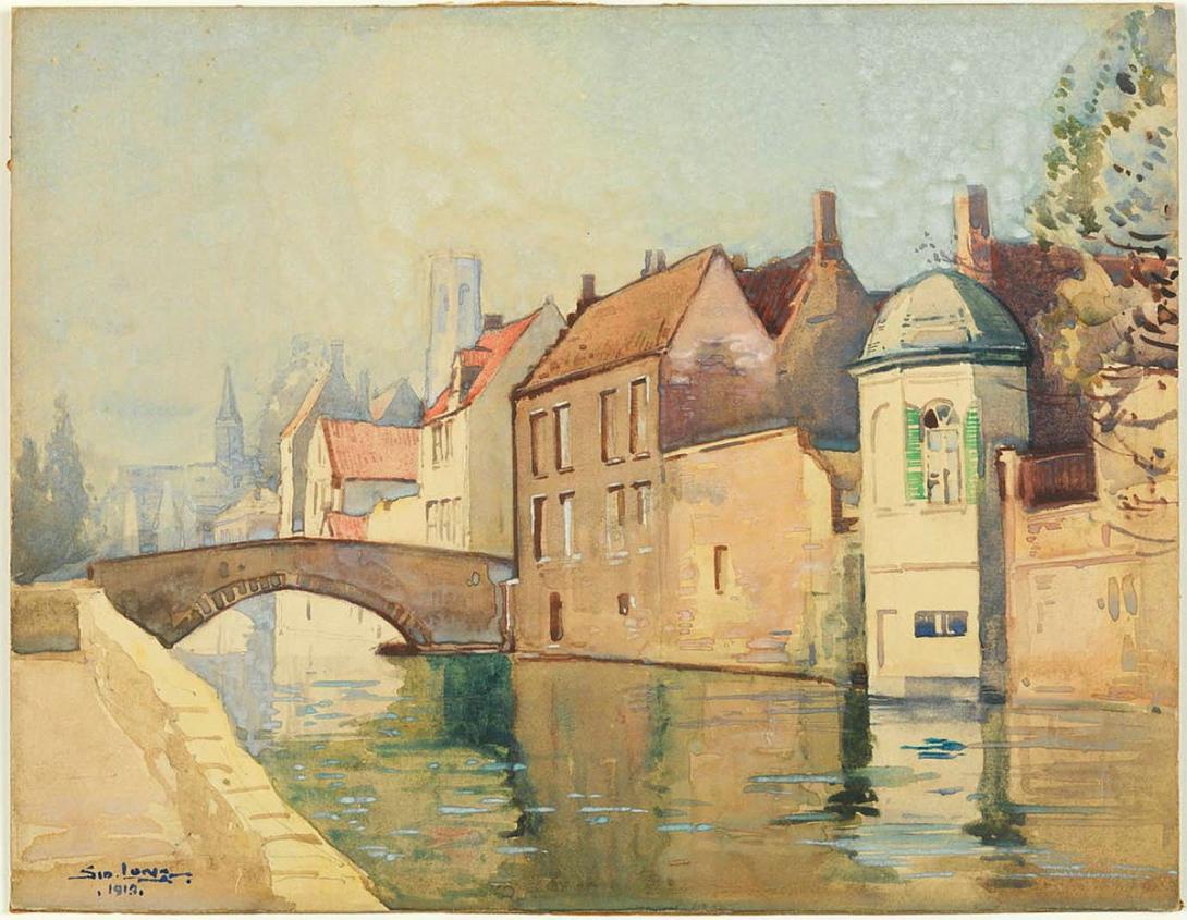 Artwork Canal scene, Bruges this artwork made of Watercolour over pencil on cardboard, created in 1913-01-01