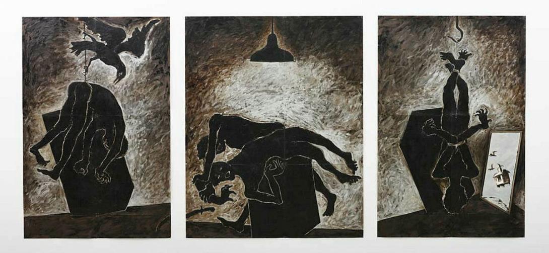 Artwork Night rituals (no. 10 from 'The mirror and other fables' series) this artwork made of Bitumen-based and aluminium-based paints on paper, created in 1984-01-01