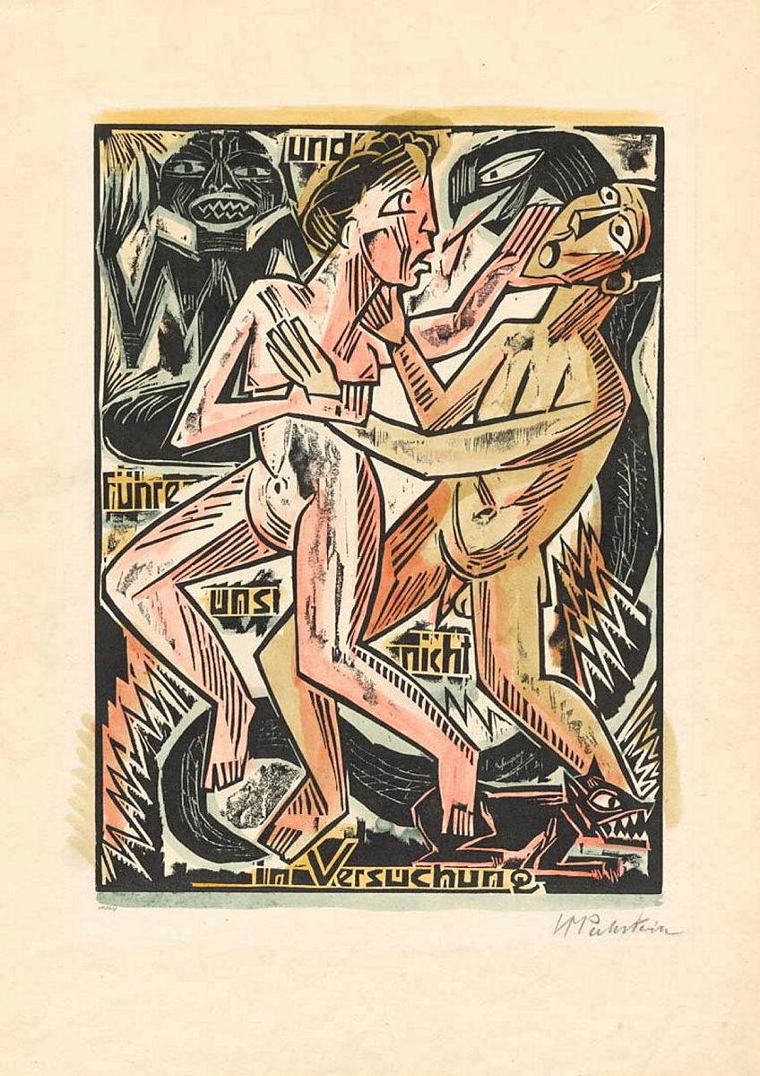 Artwork Und führe uns nicht in versuchung (And lead us not into temptation) (from 'Das Vater Unser (The Lord's Prayer)’)  this artwork made of Hand-coloured woodcut on paper, created in 1921-01-01