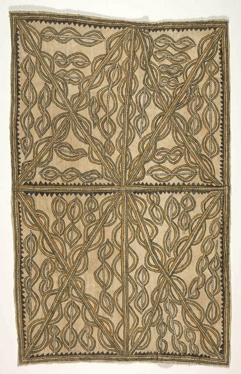 Artwork Hartu’e, sabu ahe ohu’o dahoru’e (shell necklace of the Ancestors, spots of the wood-boring grub and Ӧmie mountains) this artwork made of Natural pigments on hand-beaten paper mulberry nioge (barkcloth), created in 2016-01-01