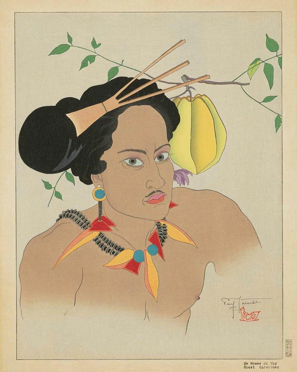 Artwork Un homme de Yap. Ouest Carolines (A Yap man. West Carolines) this artwork made of Colour woodblock print on PJ watermarked paper, created in 1935-01-01