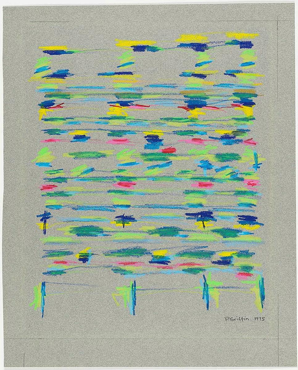 Artwork Entrance this artwork made of Coloured wax crayons on grey laid paper, created in 1975-01-01