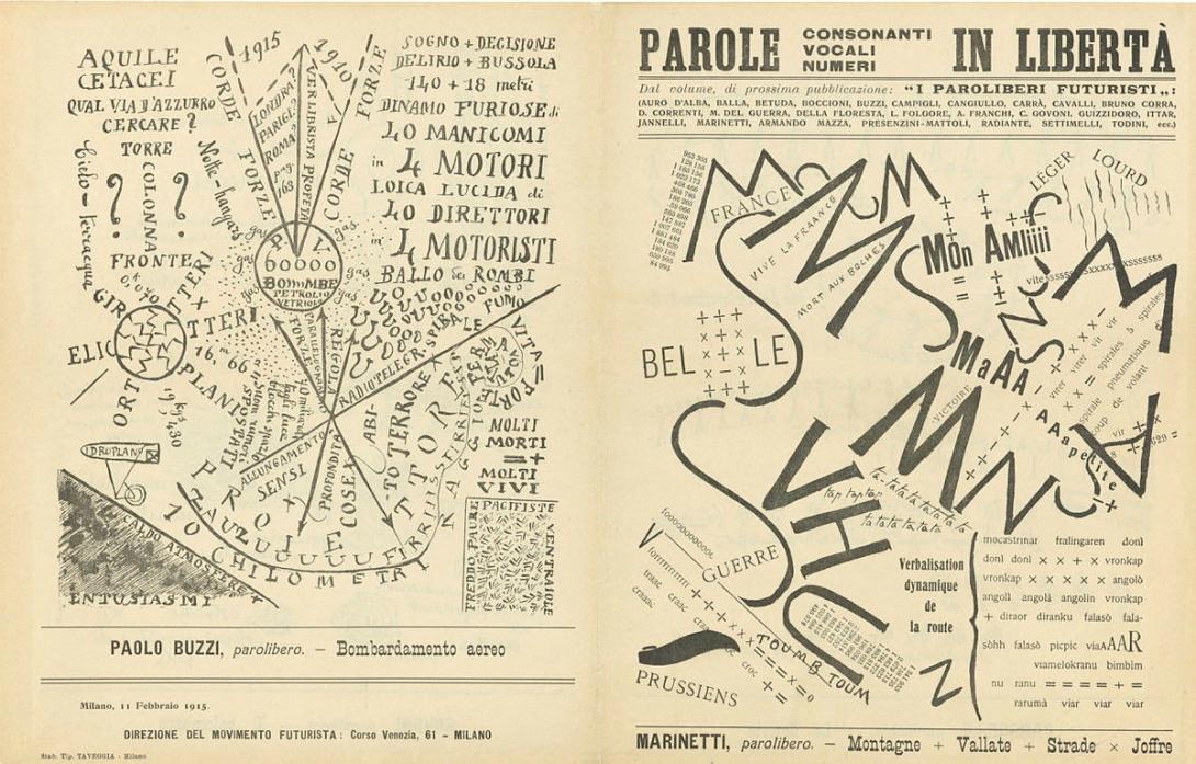 Artwork Parole, Consonanti, Vocali, Numeri in Libertà (Words, Consonants, Voice, Numbers in Freedom) this artwork made of Printed leaflet, created in 1915-01-01