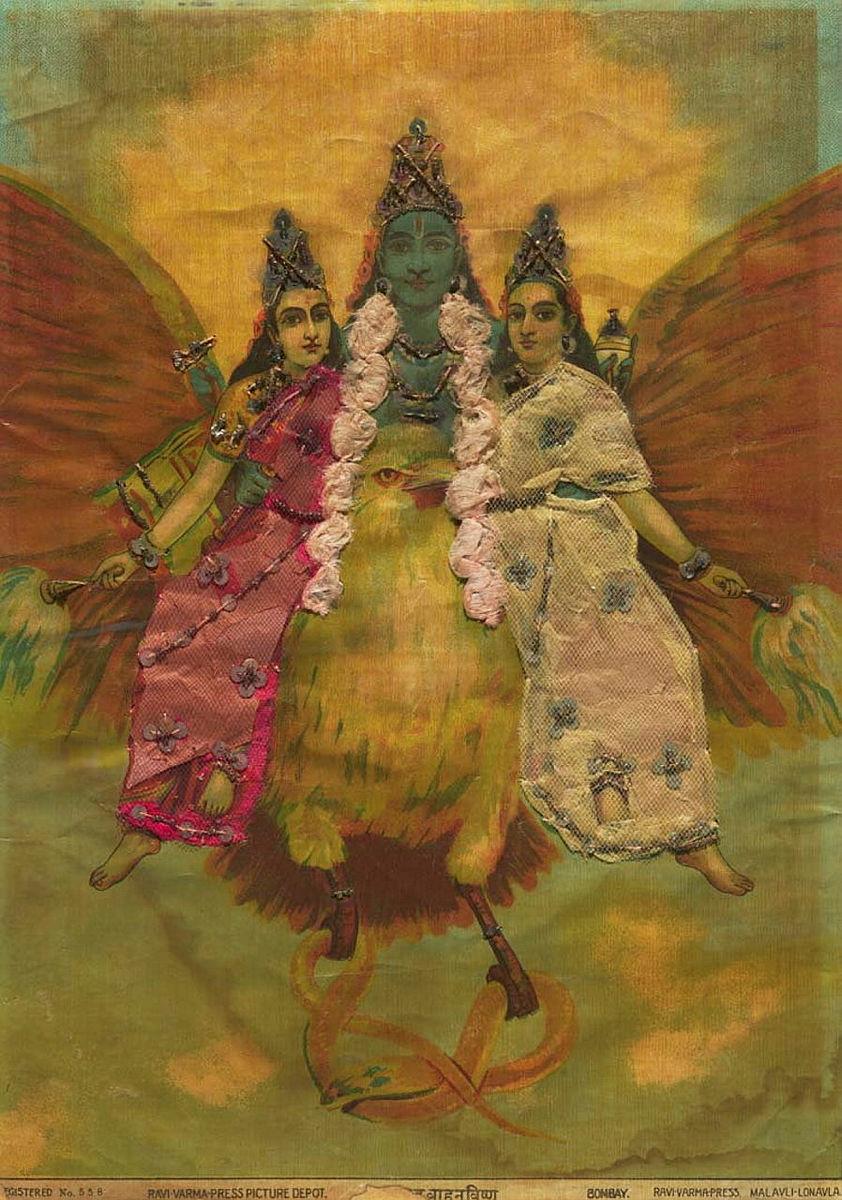 Artwork Garud Wahan Vishnu this artwork made of Oleograph with Zardosi embroidery, created in 1894-01-01