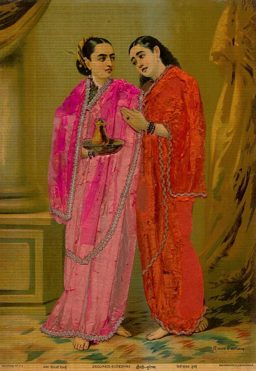 Artwork Droupadi-Sudeshna this artwork made of Oleograph with Zardosi embroidery, created in 1894-01-01