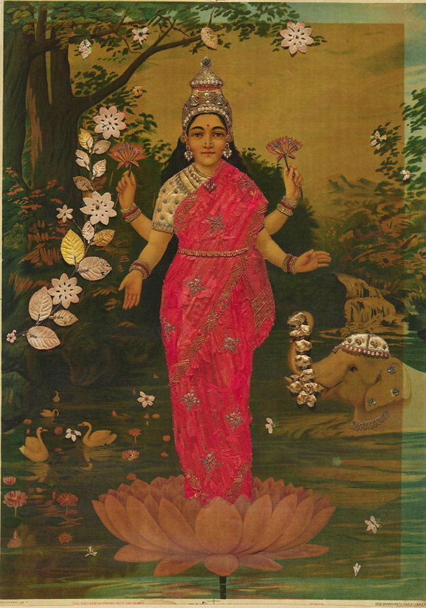 Artwork Laxmi this artwork made of Oleograph with Zardosi embroidery, created in 1894-01-01