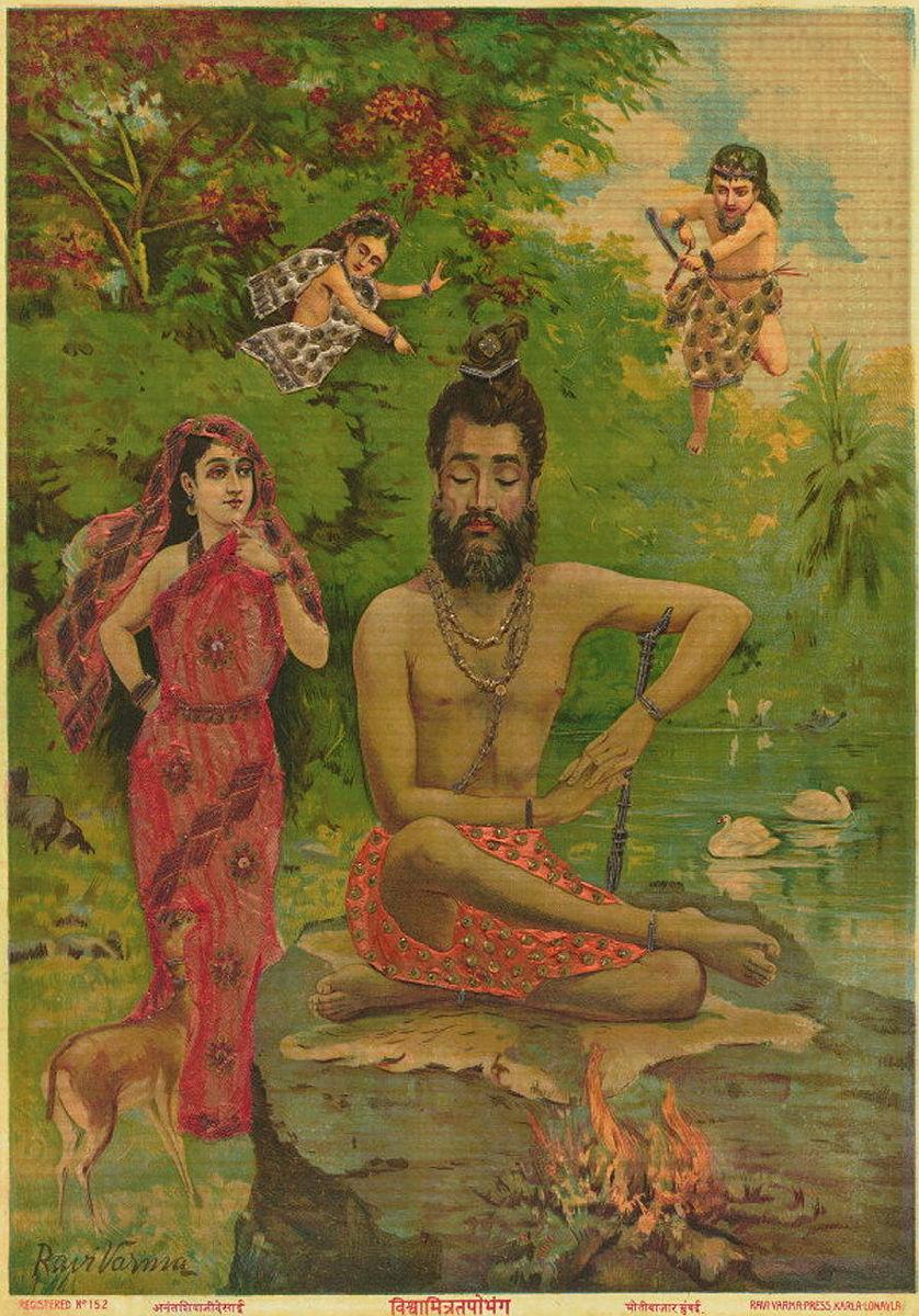 Artwork Vishwamitratopbhang this artwork made of Oleograph with Zardosi embroidery, created in 1894-01-01