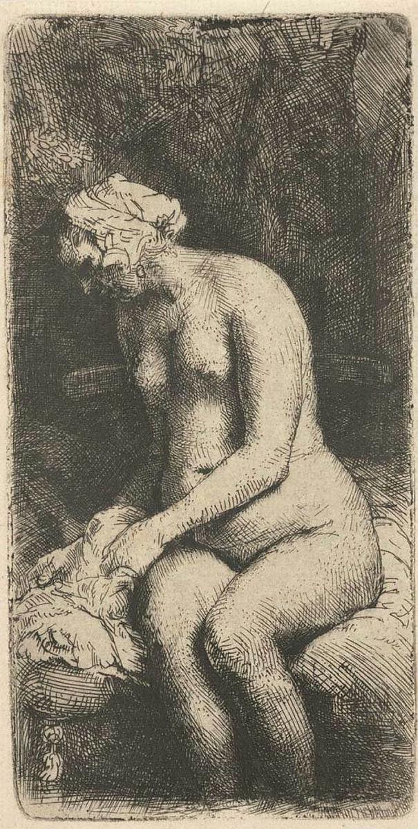 Artwork Woman bathing her feet at a brook this artwork made of Etching and drypoint, created in 1658-01-01