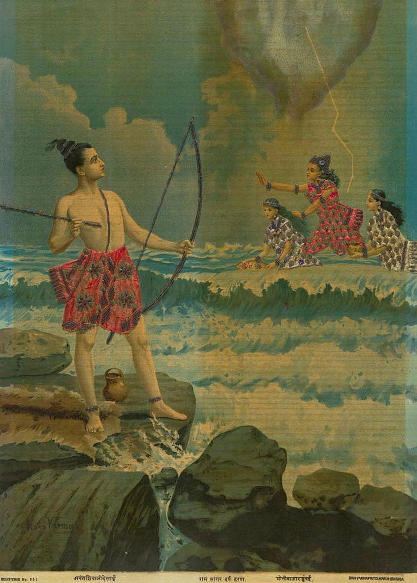 Artwork Ram Sagar Darp Haran this artwork made of Oleograph with Zardosi embroidery, created in 1894-01-01