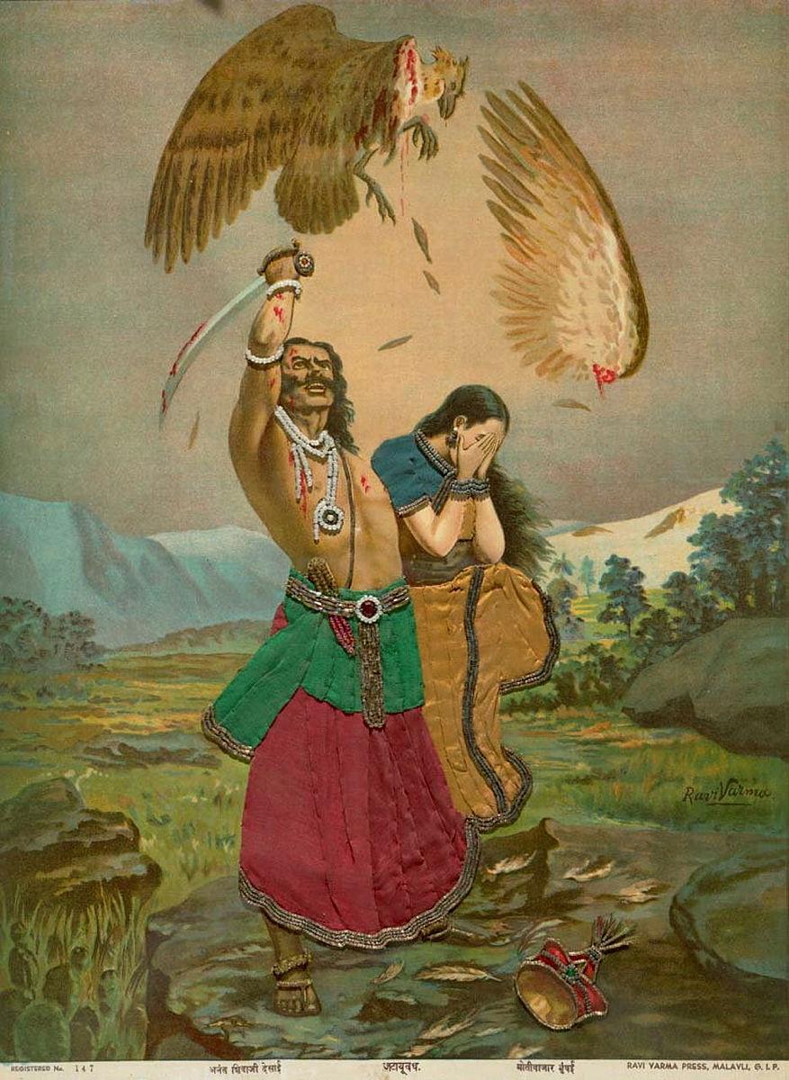 Artwork Jatayu Vadh this artwork made of Oleograph with zardozi work, created in 1900-01-01