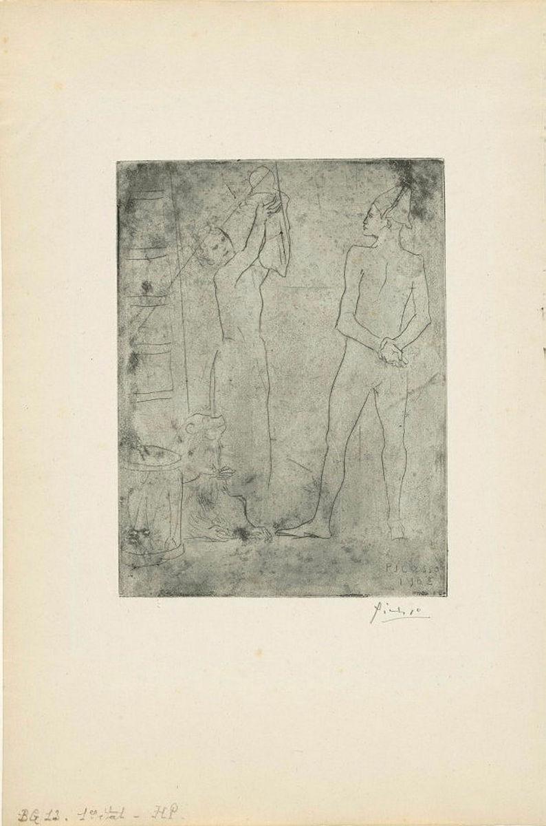 Artwork La famille de saltimbanques au macaque (Family of acrobats with macaque) (from 'La Suite des Saltimbanques' series) this artwork made of Drypoint on Van Gelder paper , created in 1905-01-01