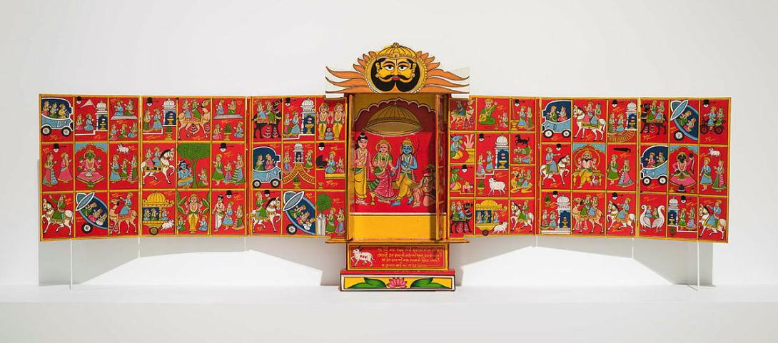 Artwork Untitled (Kaavad shrine) this artwork made of Carved wood with synthetic polymer paint, metal hinges, created in 2015-01-01