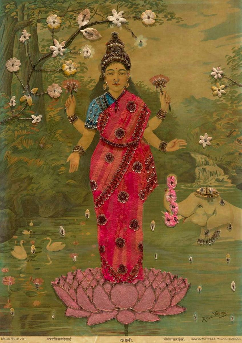 Artwork Laxmi this artwork made of Oleograph with Zardosi embroidery, created in 1894-01-01