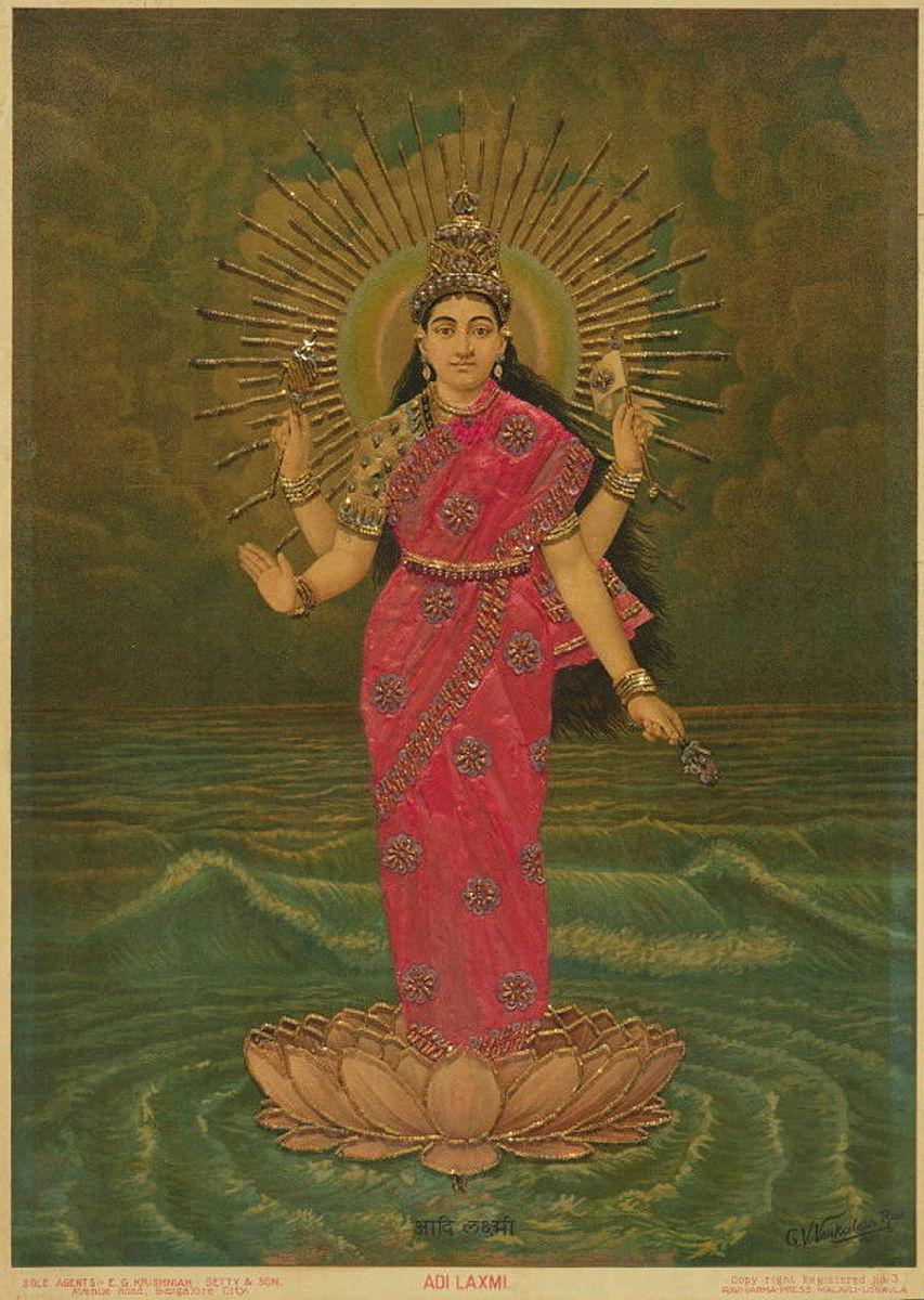 Artwork Adi Laxmi this artwork made of Oleograph with Zardosi embroidery, created in 1894-01-01