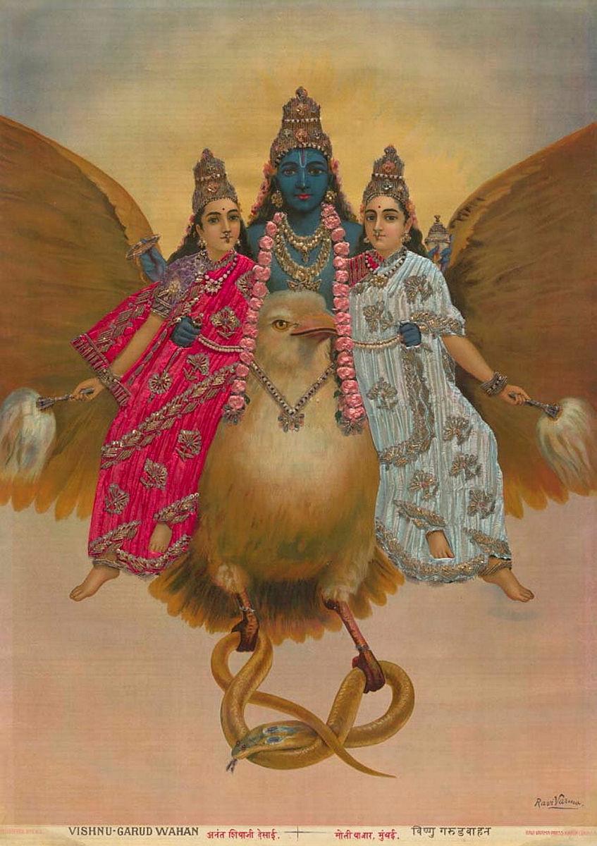 Artwork Vishnu-Garud Wahan this artwork made of Oleograph with Zardosi embroidery, created in 1894-01-01