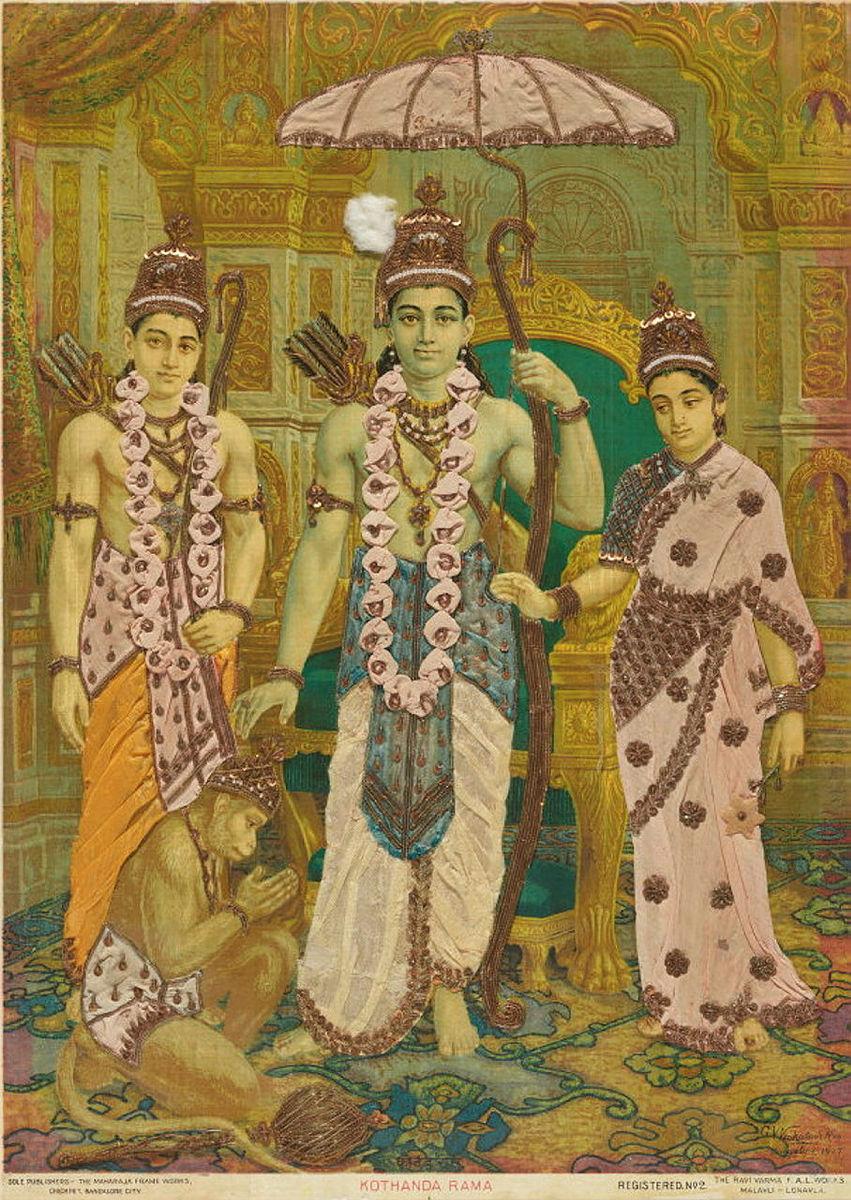 Artwork Kothanda Rama this artwork made of Oleograph with Zardosi embroidery, created in 1894-01-01