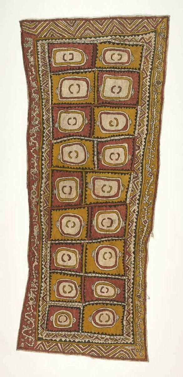 Artwork Asimano’e, ai soru’e (taigu taigu’e, odunaigӧ’e, siha’e/vinohu’e), dahoru’e ohu’o buborianoӧe (Heads of men/ancestors, Ujawé initiation rite body designs (pattern of a leaf), jungle vines, fruit of the Sihe tree/navel tattoo design), Ӧmie mountains and b this artwork made of Natural pigments on hand-beaten paper mulberry nioge (barkcloth), created in 2023-01-01