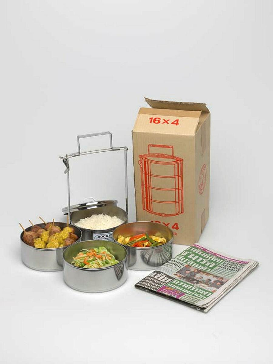Artwork Untitled (lunch box) this artwork made of Stainless steel tiffin, Thai newspaper, Thai takeaway food from local restaurant, created in 1998-01-01