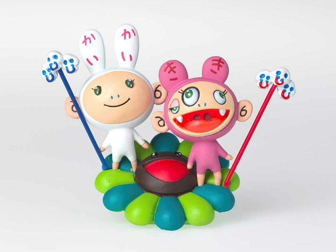 Artwork Kaikai Kiki & Flower / Brown (from the 'SUPERFLAT MUSEUM' series by Takashi Murakami) this artwork made of Figurine (lacquer paint, PVC plastic, ABS plastic), pink cardboard box, leaflets, created in 2003-01-01