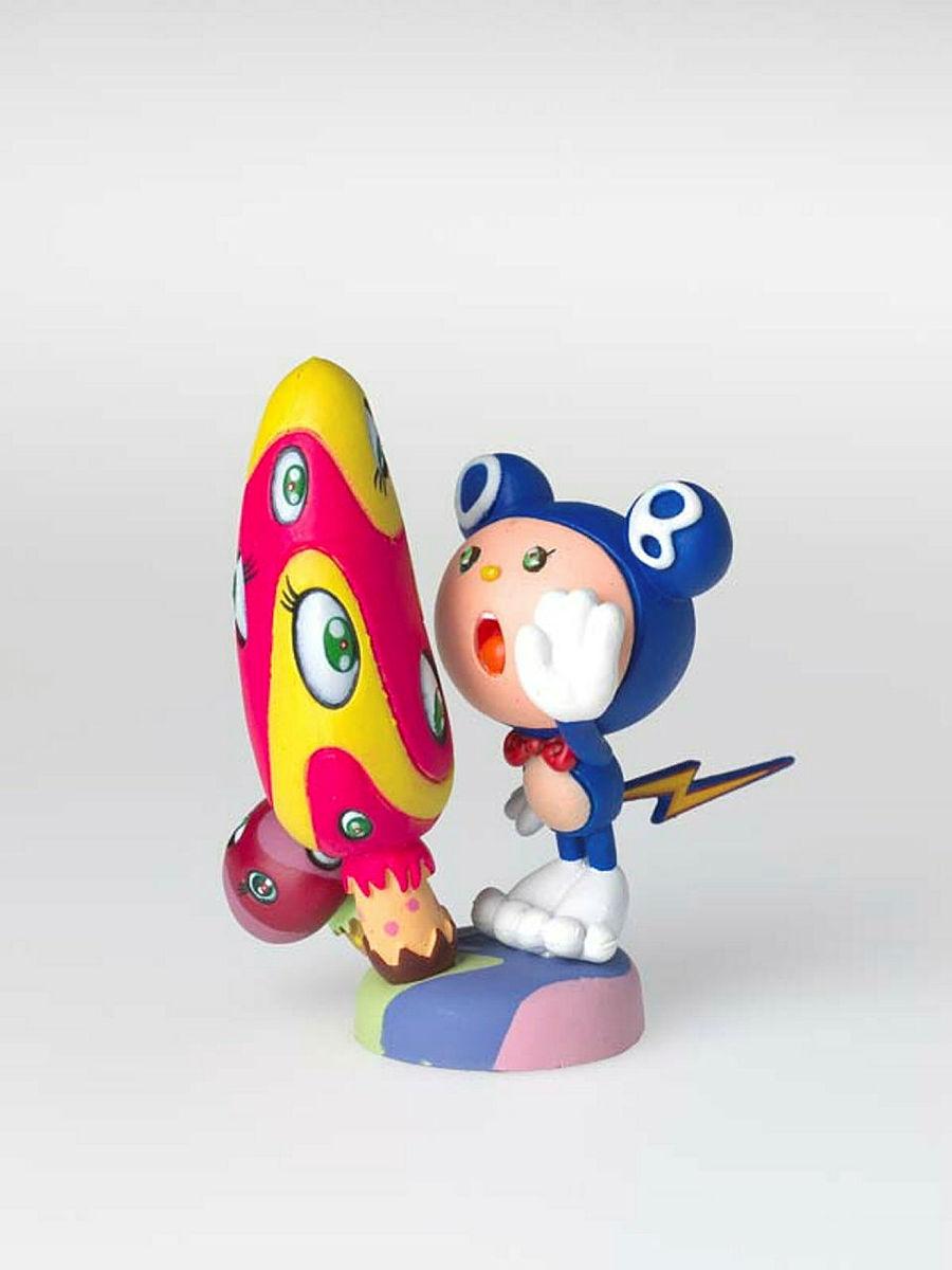 Artwork Mr. DOB & Mushrooms / Indigo (from the 'SUPERFLAT MUSEUM' series by Takashi Murakami) this artwork made of Figurine (lacquer paint, PVC plastic, ABS plastic), black cardboard box, leaflets, created in 2003-01-01