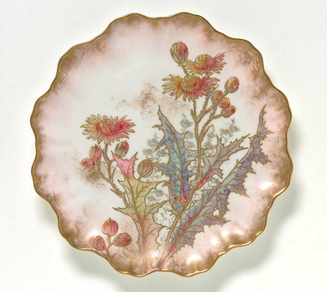 Artwork Fluted plate this artwork made of Porcelain handpainted with flowers in pink, green and blue and gilt details against a pink and dabbled gilt ground, created in 1891-01-01