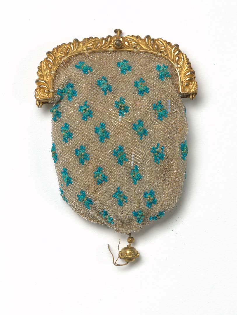 Artwork Coin purse this artwork made of White and blue glass beads on machine made net with gilt clasp, created in 1800-01-01