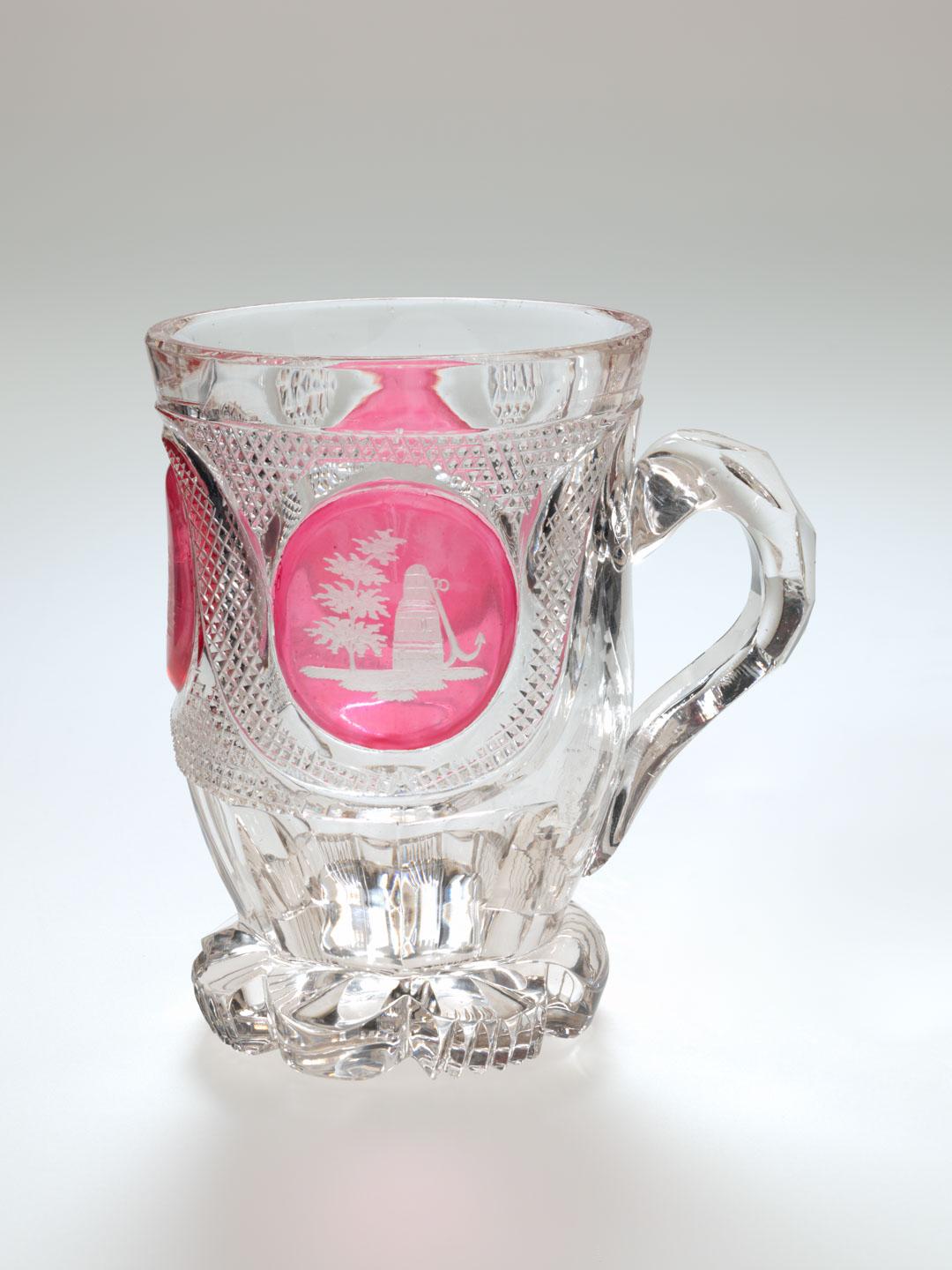 Artwork Mug this artwork made of Clear glass stained pink and engraved with a series of monuments, created in 1840-01-01