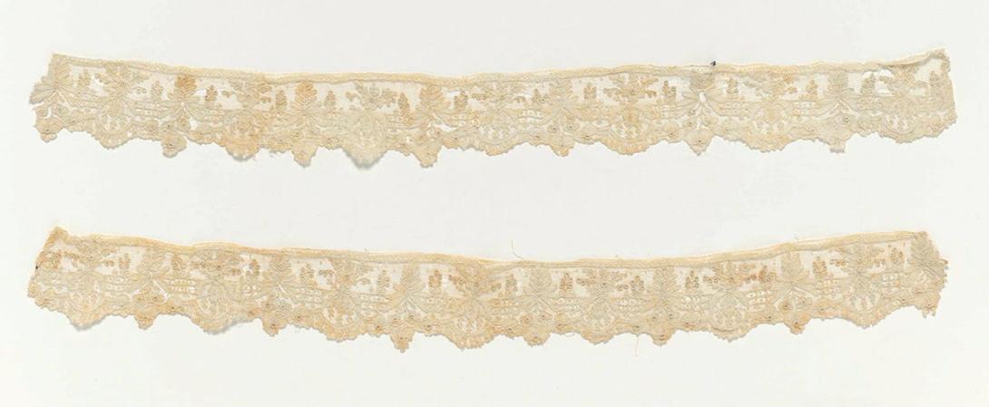 Artwork Lace edging this artwork made of Linen Flemish lace with narrow boblin lace edge.  Machine made, imitation Point de Gaz, created in 1875-01-01