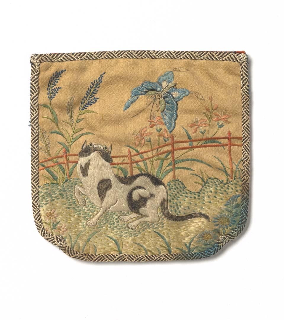 Artwork Mandarin pocket this artwork made of Silk embroidered with a cat and butterfly, created in 1800-01-01