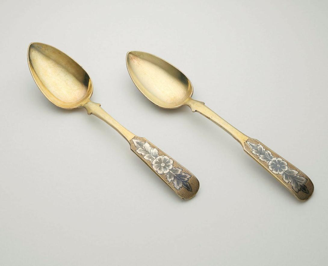 Artwork Spoons (pair) this artwork made of Silver gilt with niello decoration, created in 1834-01-01