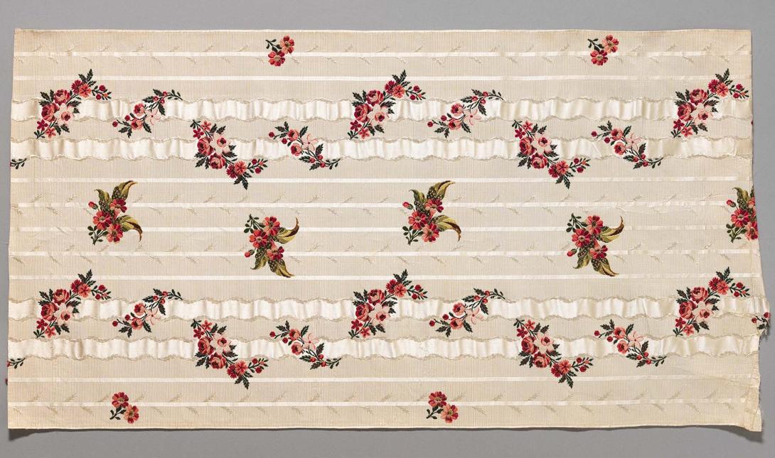 Artwork Textile portion this artwork made of Silk damask, the cream ground brocaded with a floral pattern in silk, created in 1760-01-01