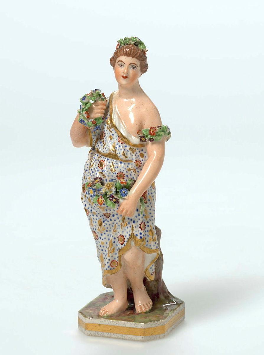 Artwork Figurine: Flora this artwork made of Porcelain, (soft-paste) slip moulded with the figure of the classical goddess Flora. Polychrome overglaze decoration., created in 1772-01-01