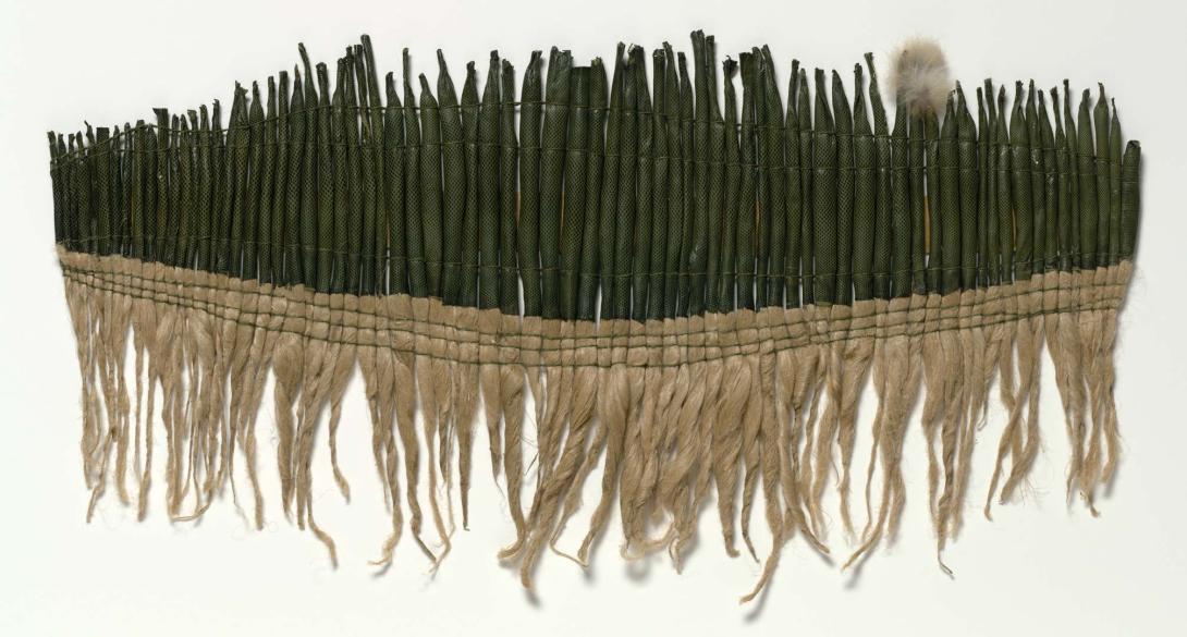 Artwork Soft sculpture:  Progression 51 this artwork made of Watersnake skin, unspun flax, linen, created in 1981-01-01