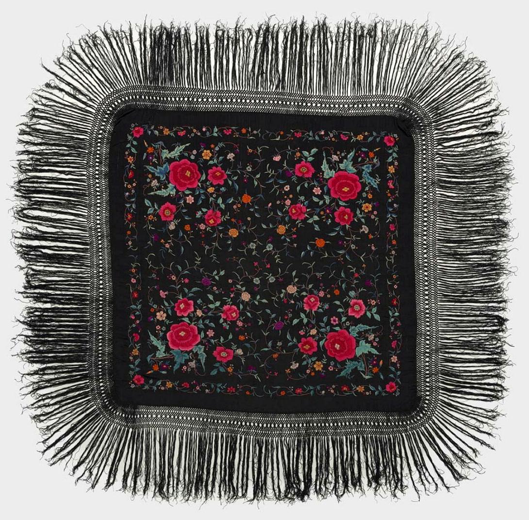 Artwork Shawl this artwork made of Black silk embroidered with polychrome flowers and 40cm macrame fringe, created in 1850-01-01