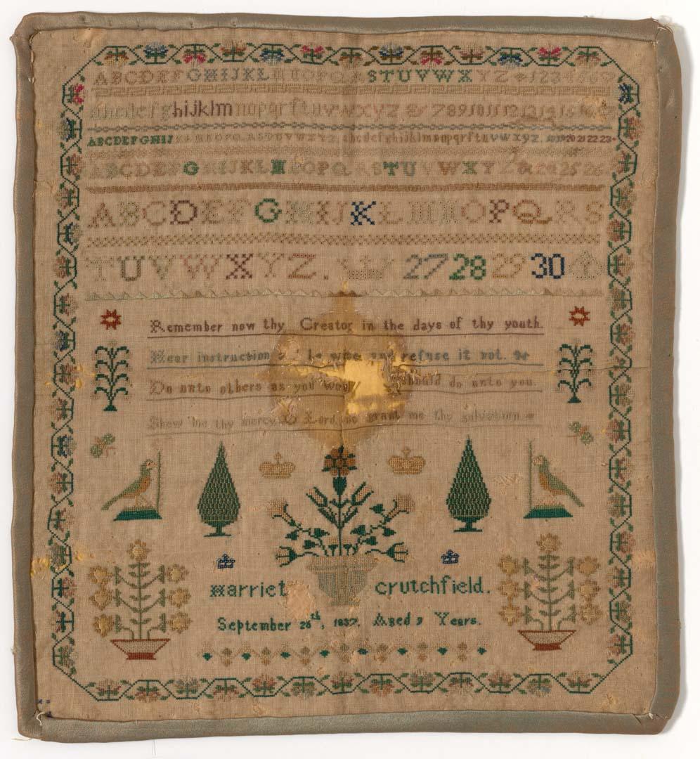 Artwork Sampler this artwork made of Linen embroidered with polychrome cottons lined gold sateen with green satin binding (Grandmother of Dr Lloyd Rees), created in 1837-01-01