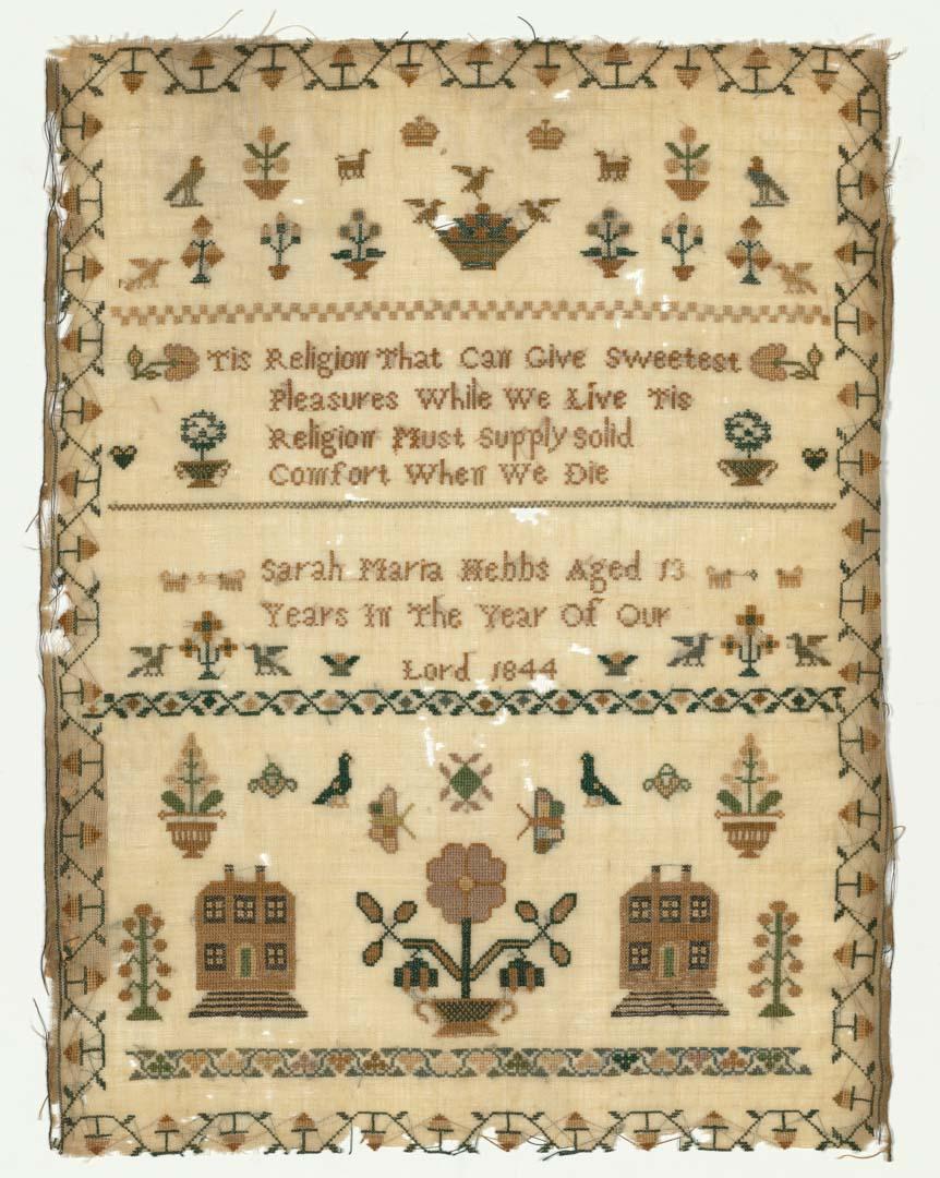 Artwork Sampler this artwork made of Linen embroidered with polychrome cottons, created in 1844-01-01