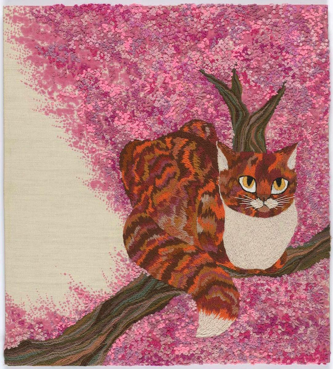 Artwork Wallhanging: Cat in a peach tree this artwork made of Appliqued and dyed Irish linen with wool and silk embroidery, created in 1980-01-01