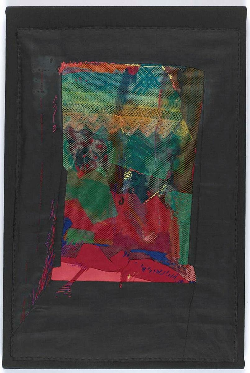 Artwork Wallhanging: Window No.1 this artwork made of Handpainted silk screen using fibre reactive dyes on cotton net with paper and fabric underlays and overlays and embroidery, created in 1980-01-01