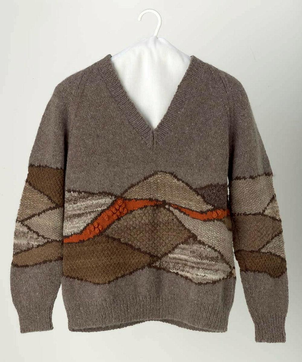 Artwork Jumper: Strata rock formation this artwork made of Knitted with handspun and dyed wools, created in 1982-01-01