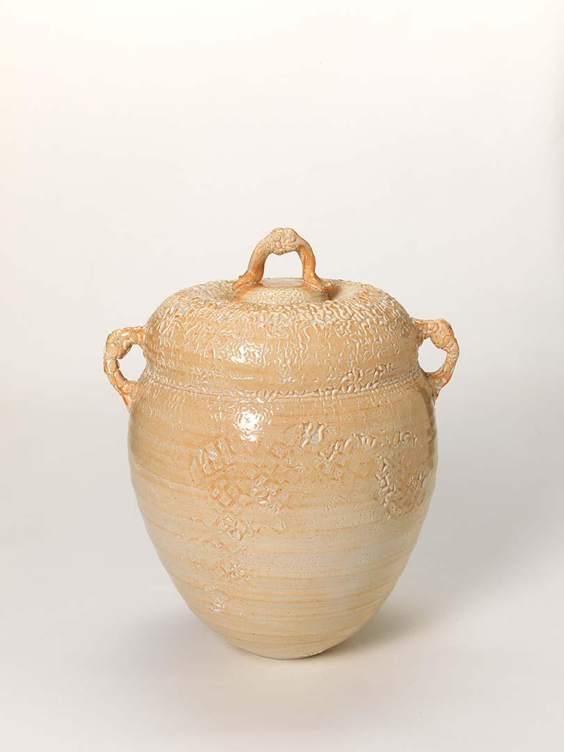Artwork Jar with shino glaze this artwork made of Stoneware, semi porcelain clay body thrown and distorted. Twice fired in an oxidising kiln to 1300 degrees Celsius with textured Shino glaze, created in 1982-01-01