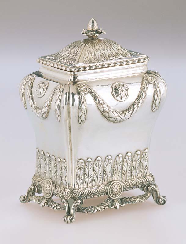 Artwork Tea caddy this artwork made of Silver, raised with cast and pierced decoration in the neo-classic taste, created in 1772-01-01