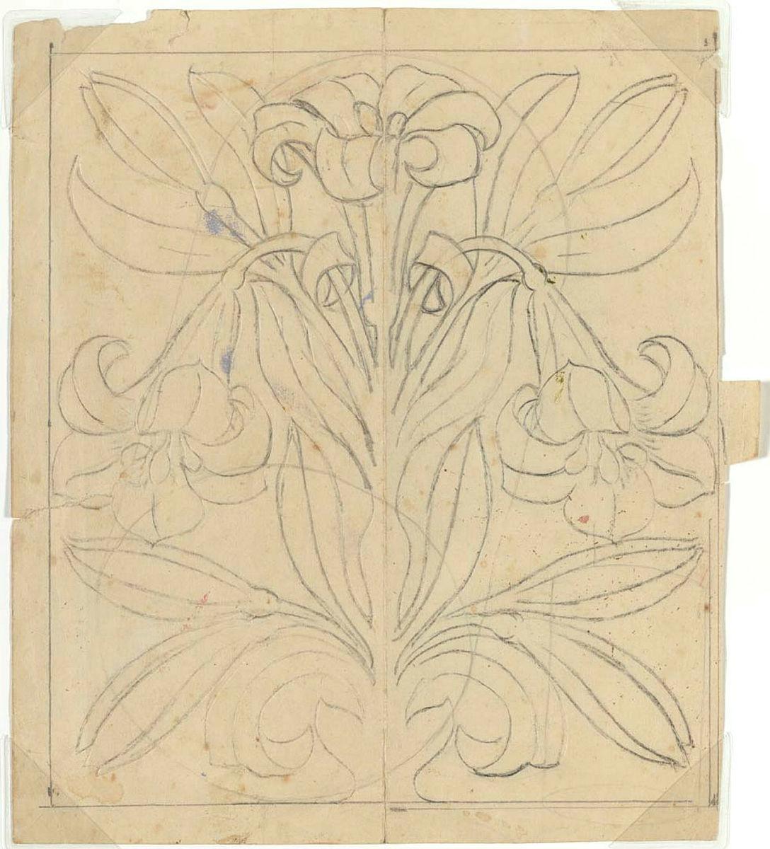 Artwork Design for leatherwork: Lillium this artwork made of Design: pencil on thin card, created in 1943-01-01