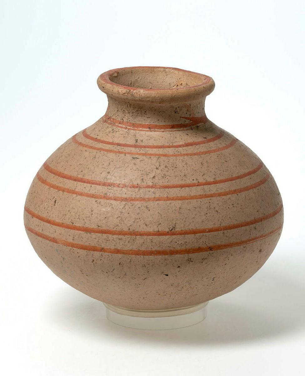 Artwork Pot this artwork made of Earthenware, buff clay thrown squat spherical form with concentric siena bands
