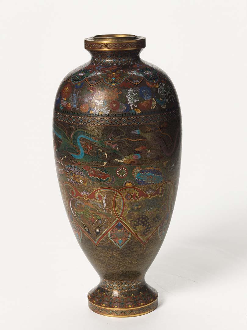 Artwork Vase this artwork made of Cloisonné enamel with intricate designs in five registers
