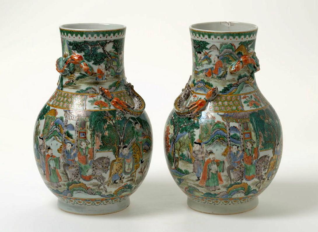 Artwork Pair of vases this artwork made of Thrown grey clay bulbous vase with modelled dragon at neck decorated in polychrome overglaze colours, created in 1800-01-01