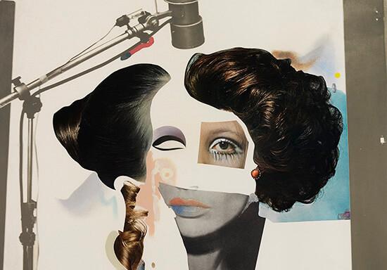 Photo-offset lithograph, collage and screenprint on paper depicting an abstracted artwork of a woman's face and microphone.