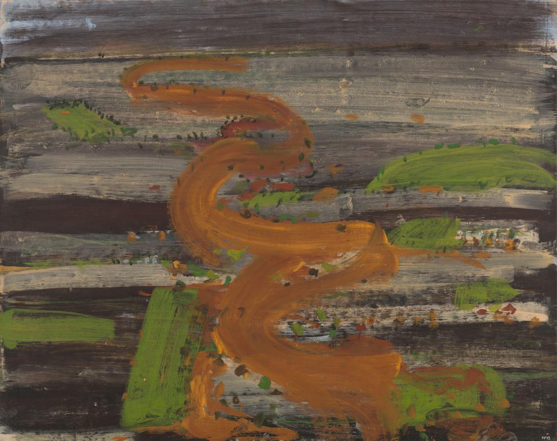 An acrylic painting of an abstract flooded landscape, painted in browns and greens, with muddy brown water twisting through the centre of the image.
