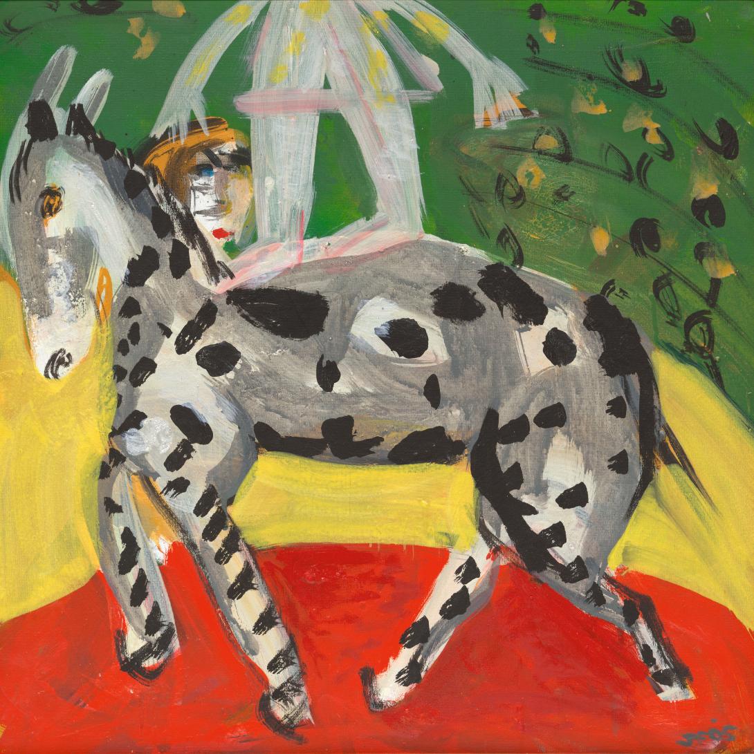 An acrylic painting of a dappled grey horse performing in a circus; a person rides the horse on their knees, while an audience watches from a green, yellow and red background.
